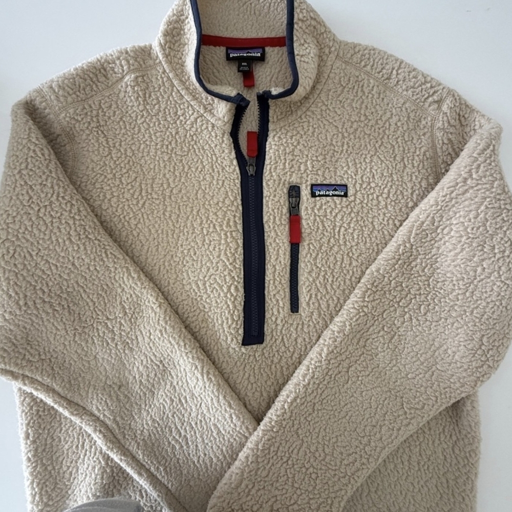 Patagonia Tan Fleece Jacket with Navy Trim